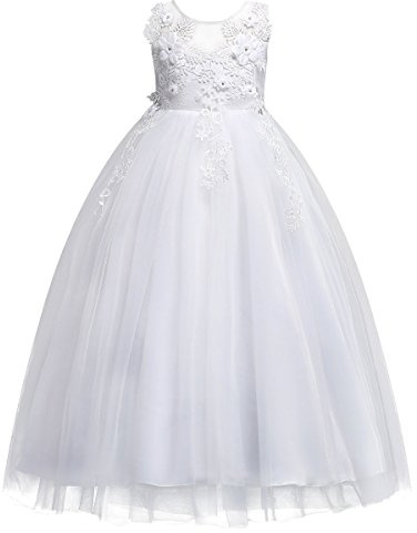 Vestido de niña de Dama De Honor Apliques de Encaje de Tul de Flores Princesa Vestidos de Boda Fiesta Comunión Cumpleaños Bola Pageant Paseo Baile Maxi Cóctel Fotografía Vestir Blanco 15-16 Años