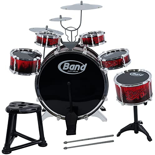 The Magic Toy Shop Large Kids Drum Kit - Red & Black Junior Jazz Percussion Set with Stool, Pedal, Sticks, 6 Drums, 3 Cymbals - Beginner Kids Musical Instruments for Boys & Girls 3+