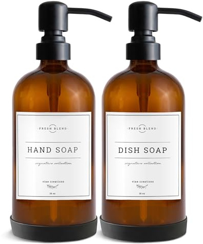 Vine Creations Amber Glass Soap Dispenser, 2 Pack Kitchen Soap Dispenser Set with Stainless Steel Pump, 16 oz Dish Soap and Hand Soap Dispensers for Bathroom with Waterproof Labels