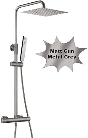 Görbach Termostatisk Duschkolumn Rostfritt stål 304 Set Dusch Enkelläge Termostatiska Hydromassage Kolumn med dusch Hand och fyrkantig dusch Regn 25x25cm metallgrå