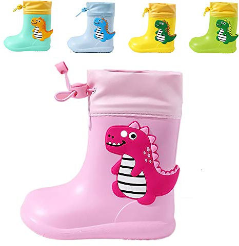 Dinosaur Rain Boots with Pull On Drawstring Closure for Kids Boy and Girl, Waterproof Non-Slip Unisex Children Wellies Wellington Rubber Rain Shoes Outdoors
