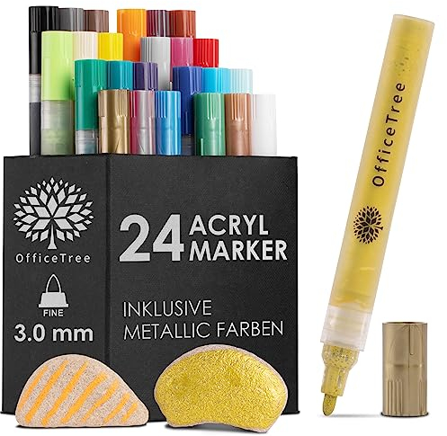 OfficeTree 24 Acrylmarker - Acryl Stifte inkl. 5 Metallic Farben - Acrylstifte für Steine Wasserfest - Acrylfarben Stifte - Wasserfeste Stifte für Kinder, Hobbykünstler und Künstler