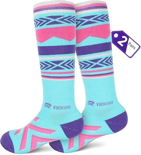 RIOROO 2 Pairs Kids Ski Socks High Performance for Boy Girl Long Knee Thermal Winter Socks for Skiing, Sowboard, Hiking, Walking, Trekking, Long and Warm, Cushioned Sole Breathable Quick Dry