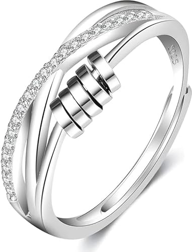 PABBEU Anello Antistress Donna Fidget Spinner Anello Antistress in Argento Sterling con Zircone Cubico Anelli Antistress Regolabili Anelli Antistress per le Donna della figlia