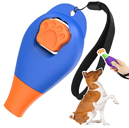 Perwin Dog Training Clicker with Whistle and Wrist Strap - Positive Behavior Reinforcer for Pets - All Ages, Puppy and Adult Dogs - Use to Reward and Train - Dog Whistle Included (Blue)