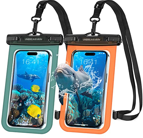 UNBREAKcable wasserdichte Handyhülle - [2 Stück] bis zu 7,0 Zoll IPX8 Unterwasser Handytasche, wasserfeste hülle für Schwimmen für iPhone 14 Pro 13 Pro 13 12 11 X XR SE 8 Samsung XiaoMi - Grün&Orange