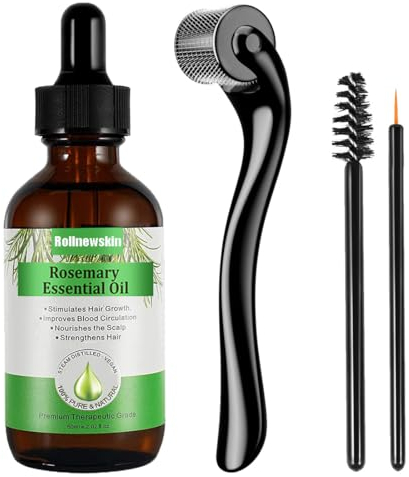Rollnewskin Rosmarin ätherisches Öl (60ml)+ Derma roller 0,5mm für Haarwachstum, Hautpflege, Augenbrauen und Wimpern Wachstum Haarausfall Behandlung Öl