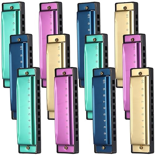Lukmaa 12 Pcs Harmonica Set 10 Hole 10 Hole 10 Tones Titanium Color Harmonica with Case Diatonic Chromatic Harmonica Musical Mouth Organ for Beginner Students Adults Instruments Gifts, 4 Colors