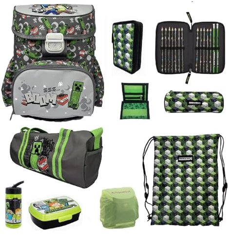 Familando Minecraft Schulranzen Set mit Brotdose, Trinkflasche und großer Sporttasche - Ergonomisch, Leicht, Robust, 17 Liter Volumen, 1,2 kG, wasserdichter Boden - Schultasche Jungen 1. Klasse