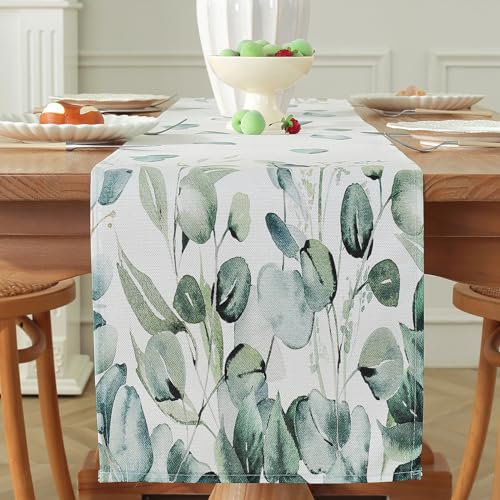meioro Grün Eukalyptusblätter Tischläufer, 30x140cm Saisonale Tischwäsche, Frühling Sommer Hochzeit Tischdecke für Küche Essen Urlaub Party Tischdekoration