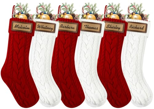 XOYTN 6 Pack Personalized Christmas Stockings, 18in Large Knitted Xmas Hanging Stocking Set Decoration with Leather Patches Custom Name for Holiday Christmas Family Decor (Red and White)