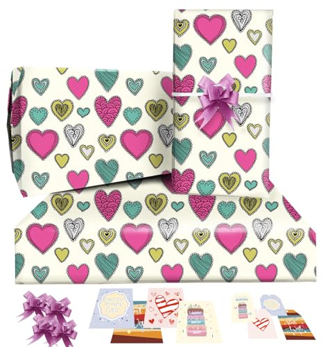 RU-X Heart Happy Birthday Wrapping Paper Jumbo 85 * 60cm,4 Sheets with 4 Pink Bows,4 Birthday Cards,4 Gift Tags,Gift Wrap for Girls,Women,Valentine's Day, Anniversary, Wedding