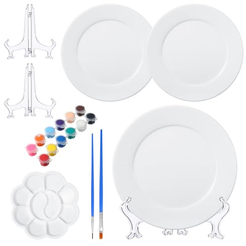 Affrolling Porcelain Painting Kit: 2 Plates, 12 Paints, 2 Brushes, 2 Stands, 1 Palette - DIY Art Craft Kit for Adults