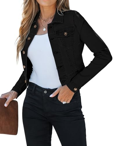 Roskiky Chaqueta de mezclilla cortada para mujer, estilo Shacket, denim corto de moda, ligera con corte elástico y bolsillos, L