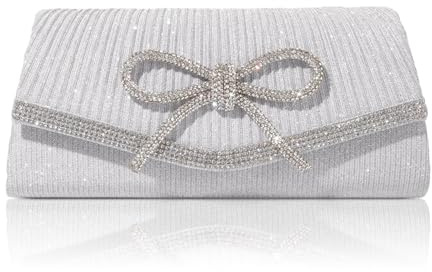 HuiYStar Aftonväskor för Kvinnor Glittrande Rosett Kuvertväska Brudväska Glitter Rhinestone Party Prom Elegant Kopplingsväska, Silverton