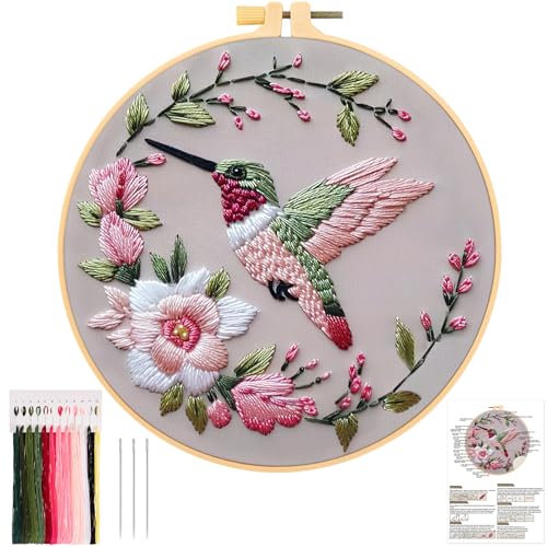 JSRQT Stickerei Starter Kit mit Blume Kolibri Muster,DIY Handgemachte Gestempeltes Kreuzstich Set, Embroidery Kit für Anfänger Erwachsene