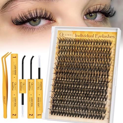 QUEWEL Extensiones Pestañas, Kit Extensiones Pestañas 40D 280PCS, Longitudes Mixtas 10-16mm, Gruesos Racimos de Pestañas con Adhesivo y Sellador, Pinzas - Fácil DIY en Casa (Kit 40D)