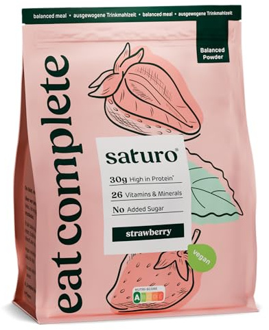 Saturo Comida para beber – Alimento vegano como sustituto de la comida – Strawberry | Polvo blanqueado con abundante proteína y 5600 kcal | Polvo con nutrientes valiosos | 14 batidos, 1,4 kg