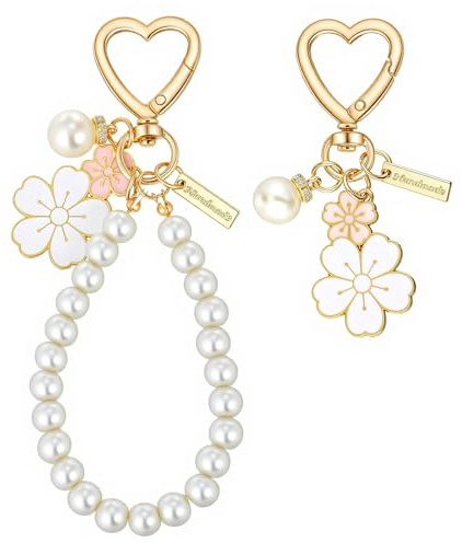 Ymapinc 2 Pcs Cute Key Chains for Women, Flower Bag Charm for Girls Keyring & Pearl Keychains Car Keyring Chain Pink Wristlet Keychain, Keyrings for Women's Handbags, Bag Accessories & Car Key Chain | Flower Keyring Carabiner Cute Bag Pendant for Mobile Phone, Keys, Birthday Gift