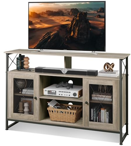 WLIVE TV Stand Cabinet, TV Unit for 55 Inch TV, Tall TV Unit Cabinet, TV Stand with 2 Doors, Buffet Table, Sideboard, for Living Room, Wooden Industrial TV Console, 128 x 36 x 82 CM, Grey Oak