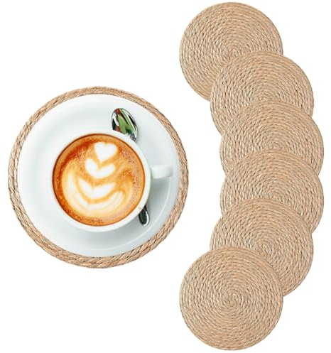 NOPVUFA 6 Piezas Posavasos Redondos de Hierba Tejida Antideslizante (12cm), para Tazas y Velas, Regalo para Cumpleaños, Cocina y Sala, Gadget Práctico para el Hogar