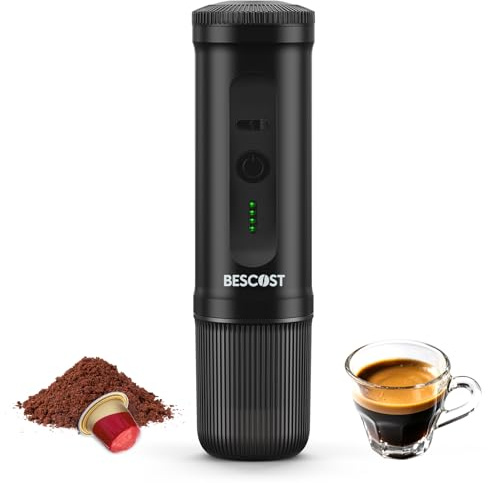 BESCOST Macchina Caffè Portatile 20 Bar, Auto-Riscaldamento 3 Min, Batteria 9600mAh USB-C, Compatibile con Capsule NS e Caffè Macinato,Libertà di Espresso Ovunque Campeggio Auto Camper Barca Ufficio