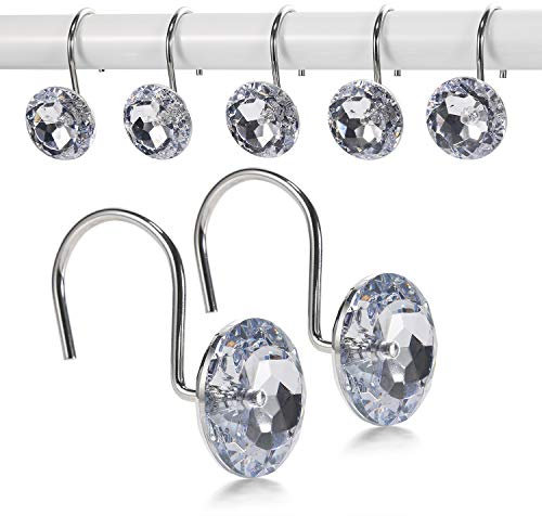 Goowin 12 Pcs Acrylic Crystal Shower Curtain Rings & Hooks, Metal Electroplate Rust-Resistant Smooth Sliding Single Rings for Decorating Curtains