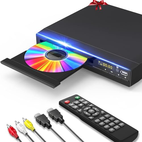 Lecteur DVD HDMI Sans Région pour Smart TV - Mise à l'Échelle 1080p, Entrée USB, Câble HDMI/RCA Inclus, Mémoire de Point d'Arrêt, PAL/NTSC Intégré, Lecteur CD pour la Maison