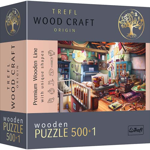 Trefl - Holz Puzzle: Schätze auf dem Dachboden - 500+1 Teile, Wood Craft, unregelmäßige Formen, 50 Figuren, Premium Modern Puzzlespiel, DIY, für Erwachsene und Kinder ab 12 Jahren