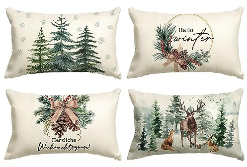 Artoid Mode Holly Kiefernzapfen Rentier Baum Weihnachten Kissenbezüge 4er Set, 30x50 cm Zierkissenbezug Cushion Cover Wohnzimmer Außenbereich Deko