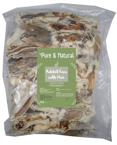 Pure & Natural Rabbit Ears with Fur for Dogs 1kg - Low Fat, Hypoallergenic, Natural Dog Treats Bulk and Puppy Chews from 8 Weeks
