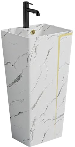 EGO INTERIORS Royalty Line | 43x36x86 cm Standwaschbecken mit Hahnloch und Überlauf, ohne Ventil | Goldene Marmoroptik-Keramik | Rechteckiger Standwaschtisch | Antibakteriell und pflegeleicht