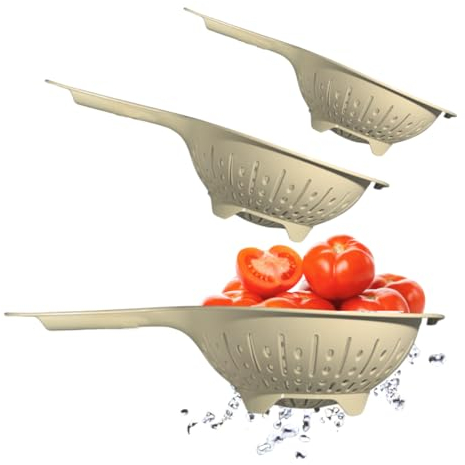 Tomko Küchensieb 3er Set, Nudelsieb aus Kunststoff mit Griff, ⌀ 22,/19/16cm Groß, Seiher zum Abwaschen von Obst & Gemüse, Abtropfsieb für Nudeln, Siebkorb, Stielsieb (Grau-Grün)