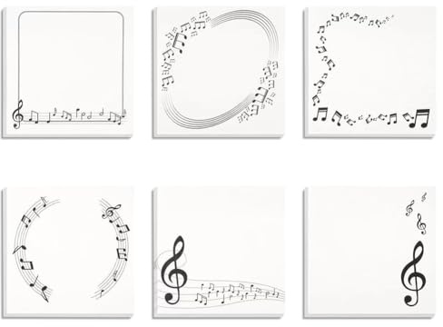 6 Pack Music Themed Sticky Notes - Black & White Musical Notes Self-Stick Memo Pads for Kids, Students & Office