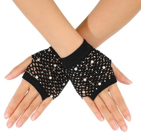 Lusofie Black 80s Gloves with Rhinestone Short Nylon Fishnets Gloves for Women Girls Party Accessories Net Mesh Fingerless Gloves for Cosplay Halloween Theme Party Costumes Performance（Black）