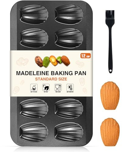 OAMCEG Madeleines Baking Mould, 12 Cavities Large Madeleine Mould, Non-Stick Carbon Steel, Madeleines with Silicone Oil Brush for Oven Baking Chocolate Brownie Biscuits - Grey (Pack of 1)