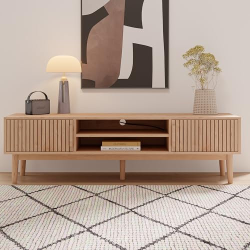 FOERPL TV-Schrank 150 cm, TV-Bank, Holz, mit 2 Schubladen und 2 Regalen, Lowboard, TV-Halterung auf Holzfüßen, für Wohnzimmer, Schlafzimmer