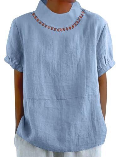 HAOLEI Maglietta Donna Curvy Lino Maglietta a Maniche 3/4 con Collo Alto Camicia Camicetta Elegante Estiva Classico Tinta Unita Top Traspirante T Shirt Leggera Confortevole per L'Estate