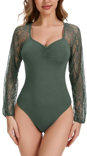 WOWENY Body de manga larga para mujer elegante y sexy con detalles de encaje, body para mujer, traje tradicional, body de manga larga, body para mujer, top, Color verde., M