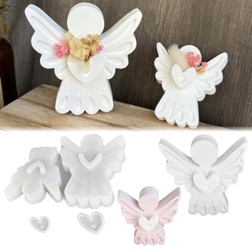 TREABEAR 3 stampi in silicone a forma di angelo, con cuore, per versare, in silicone, a forma di cuore, per calcestruzzo, in silicone, a forma di angelo