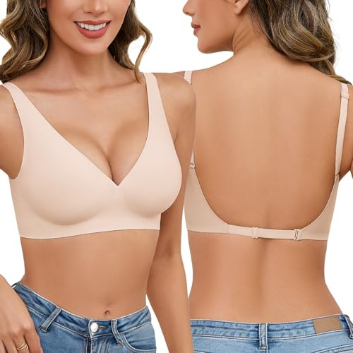 Niwicee Soutien Gorge Dos Nu Invisible sans Armature Soutien Gorge Push Up pour Femme Brassiere Deep V Bralette Convertible Dos en U Soutien Gorge Dos Transparent (Beige, M)