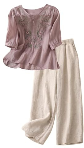 Tuta Donna Completa In Cotone E Lino Tute Da Ginnastica Tinta Unita Manica Lunga Camicie + Pantaloni Lino Set Larghi Completi In Lino Sportiva Mare Casual Da Spiaggia Set Di Estiva Oversize Da Casa