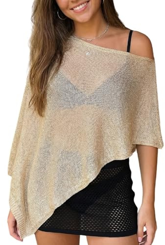QLQLWDD Women Sheer Knit Poncho Top Asymmetrical One Shoulder Mesh Crochet Bolero Shrug Shawl Beach Cover Ups