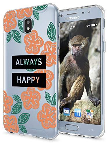 NALIA Handyhülle kompatibel mit Samsung Galaxy J3 2017 (EU-Modell), Motiv Design Schutzhülle Slim Silikon Case, Handy-Tasche Hülle Smart-Phone Etui Muster Back-Cover Dünn, Designs:Always Happy