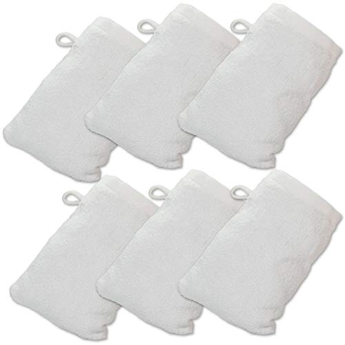 Made Easy Kit Bath Mitts - Pack of 6 - (6 x 9) European Style Washcloth with Loop (White, 6 x 9 inches)