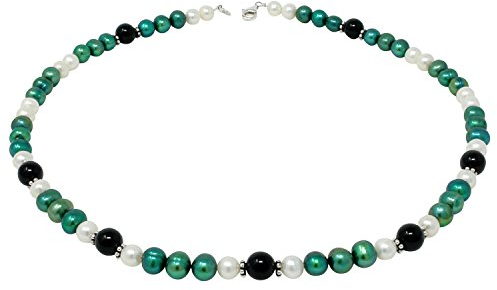 Schmuck Krone Kette Collier Halskette aus Perlen SüÃŸwasser-Zuchtperlen & Onyx grün-schwarz-weiÃŸ 50cm