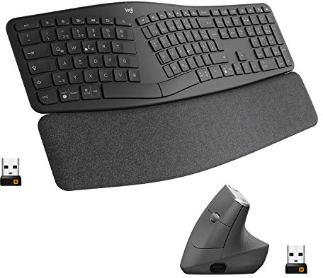 Logitech Ergonomic Wireless Keyboard and Mouse Combo, ERGO K860 and MX Vertical Mouse, Rechargeable, Bluetooth or USB Receiver, Wrist Support, Compatible with Laptop/PC/Windows/Mac, Schwarz