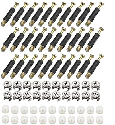 TYPHEERX 30 Sets Furniture Hardware Fixing Screws Set Bolts Fixing Dowels Connector with Dowel Bolts Nut Locking Cam for Furniture Splicing Wardrobe Drawer