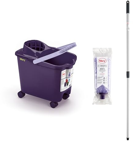 Mery | Set Cubo+Mop+Stick | Benna Scolapiatti Automatica con Ruote Viola e Lilla, 14L | Mop in microfibra super assorbente, filo universale | Bastone telescopico in acciaio plastificato, 80x140cm