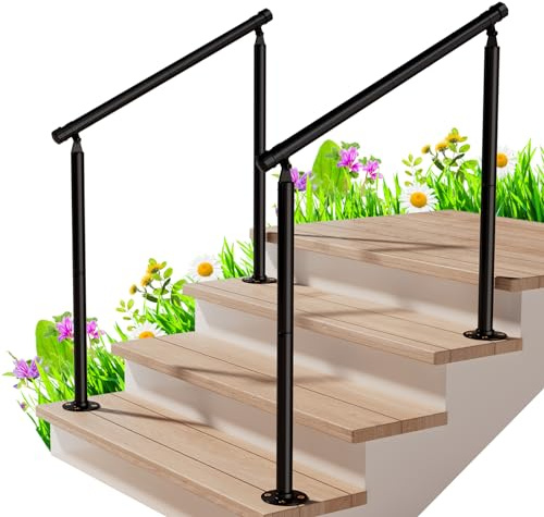 2 Pack Handrails for Outdoor Steps 3 Step Stair Railing Outdoor Fit 2 to 3 Steps Deck Hand Rail Brackets for Stairs Wrought Iron Railing with Installation Kit for Concrete Steps